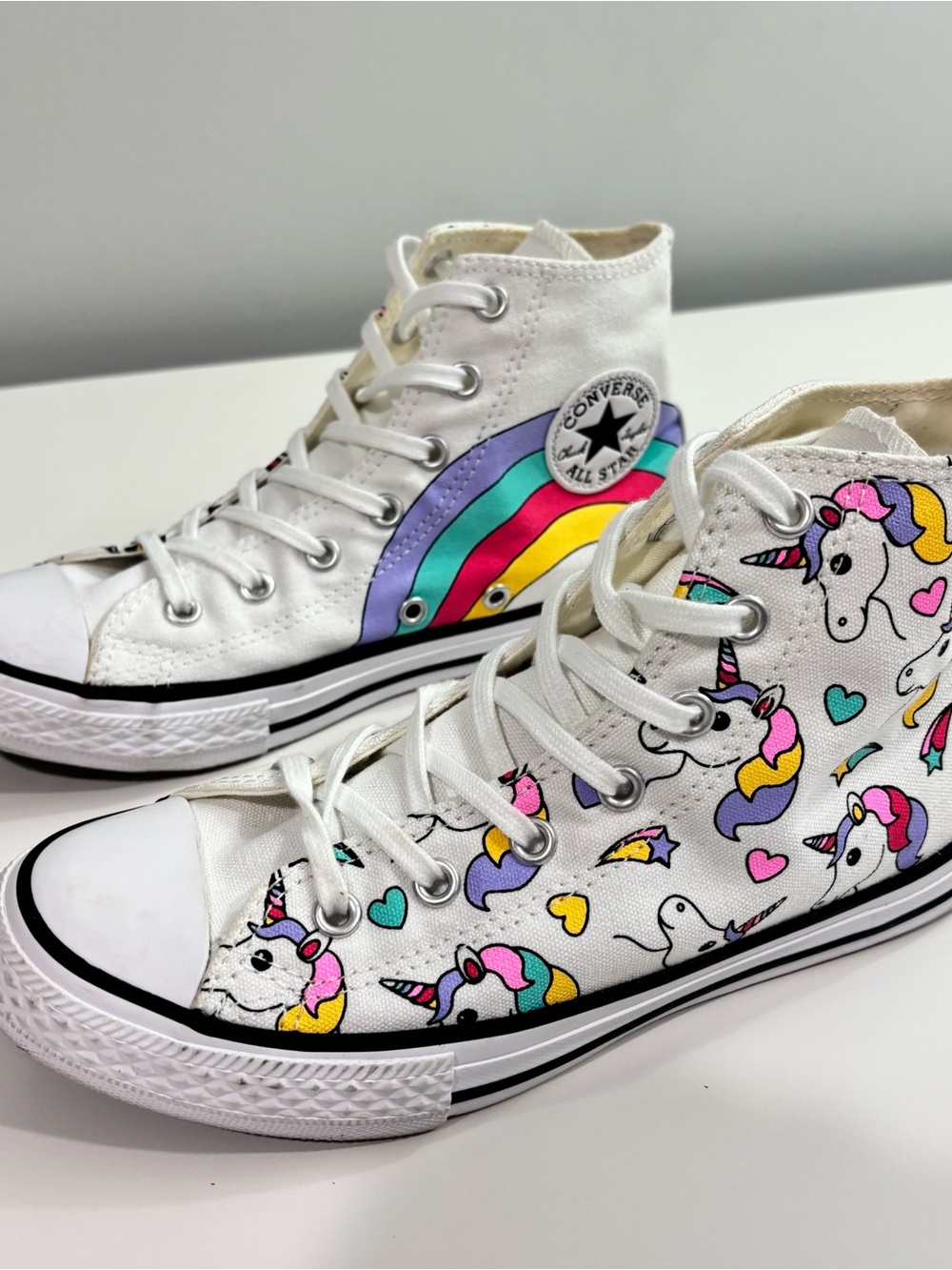 Converse White High Tops with Rainbow Stripe & Unicorn Print Junior Sz 3